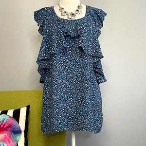 Ann Taylor Blue Floral Ruffle Cold Shoulder Blouse Top